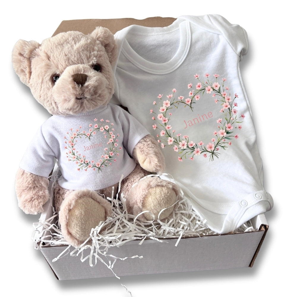 Personalised Pink Flower Heart Name Gift Hamper - Teddy & Baby Vest-0